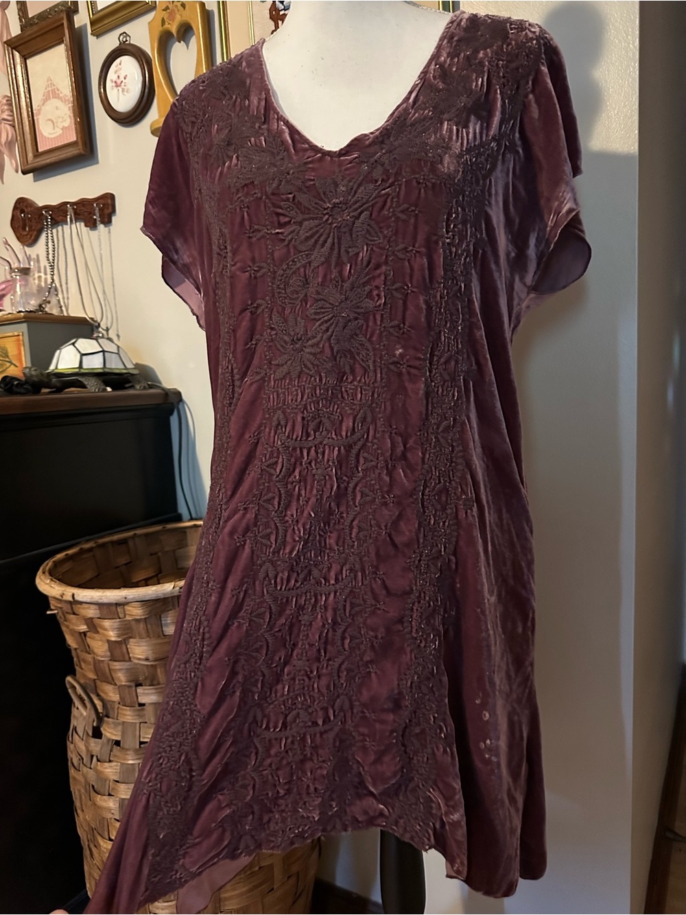Johnny Was Burgundy velvet dress with floral embroidery